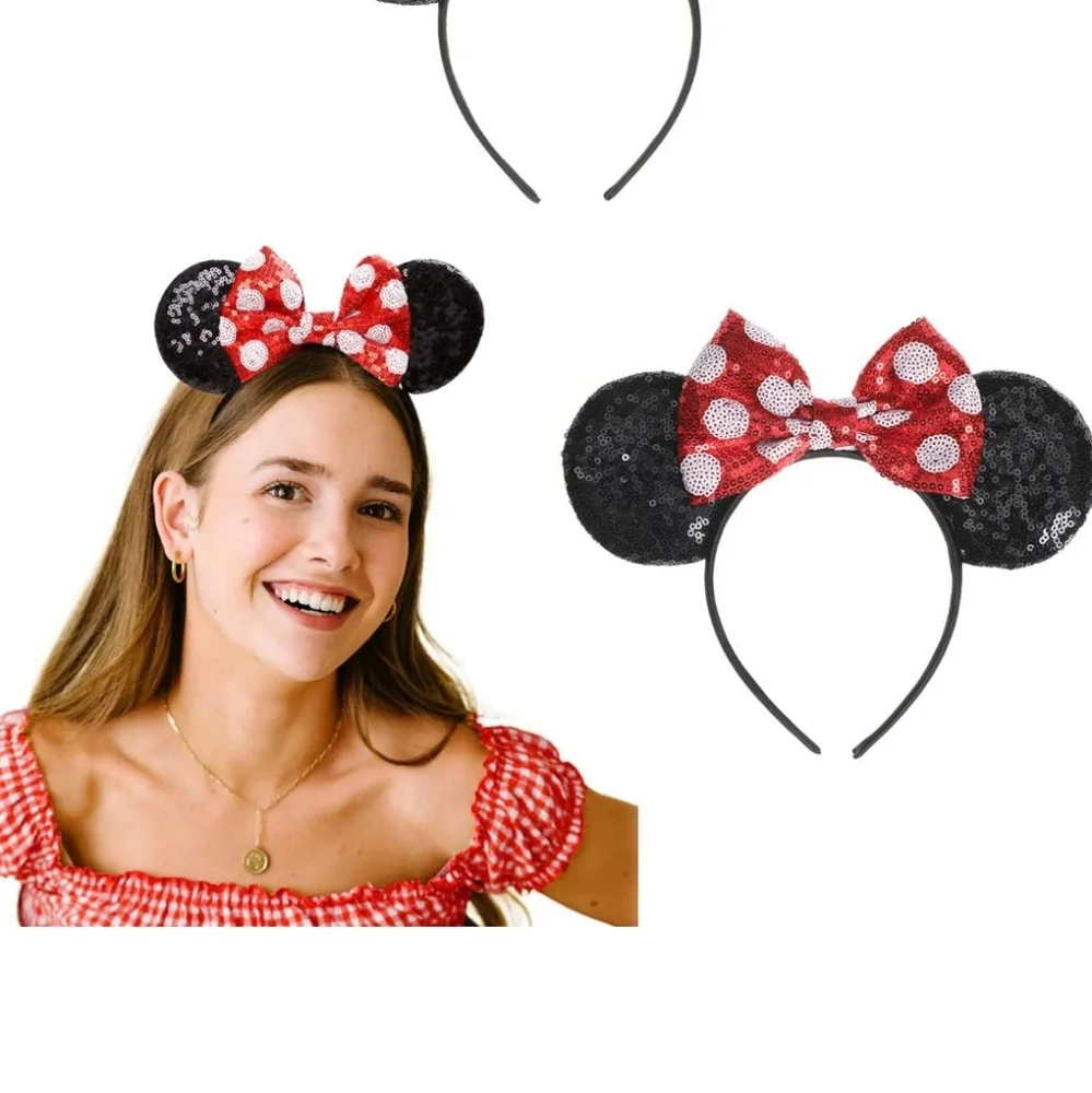 Brand New 2 Mouse Ears Headbands Shiny Sequins Party.